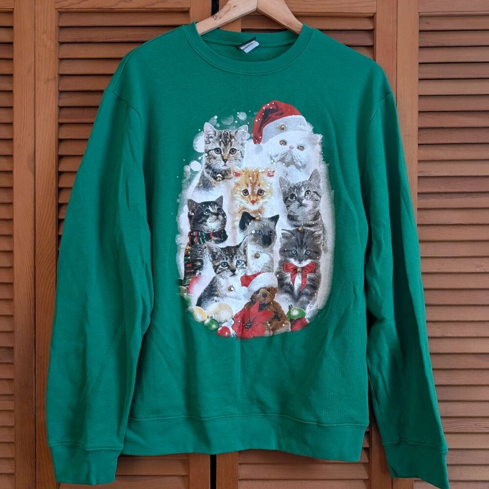 Fifth Sun Ugly Christmas Sweater – Bright Green, Cat Design with Bells, Size L